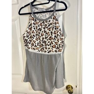 Wild Feathers Leopard Print Tank Top Gray Waffle Knit Trim Women's Sz Lg